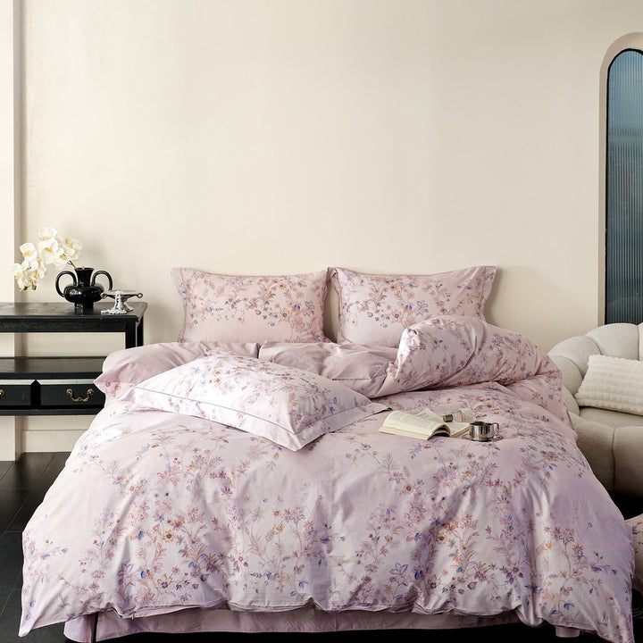 Reversible cotton satin bedding with delicate watercolor floral print and satin edge