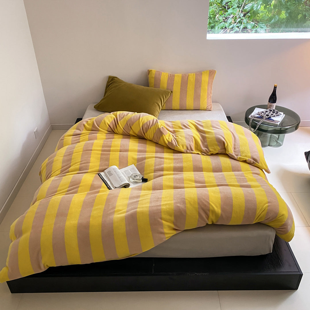 Brushed Cotton Flannel Striped Duvet Cover & Pillowcase Set with Hidden Zip & Corner Ties