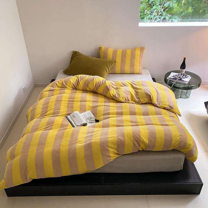 Brushed Cotton Flannel Striped Duvet Cover & Pillowcase Set with Hidden Zip & Corner Ties