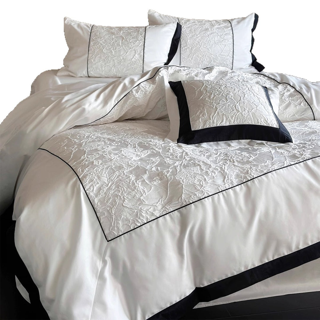 Textured Floral Matelassé Duvet Cover Set with Contrast Piped Border and Euro Shams