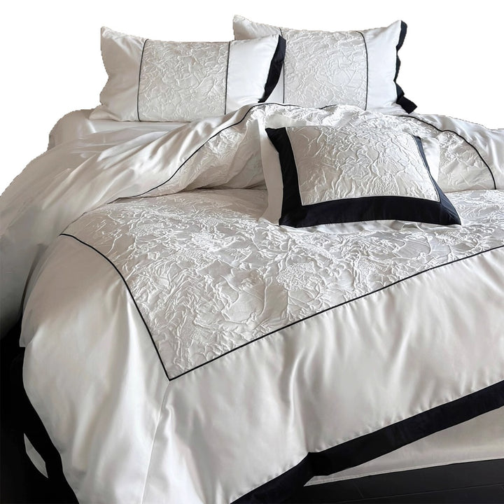 Textured Floral Matelassé Duvet Cover Set with Contrast Piped Border and Euro Shams