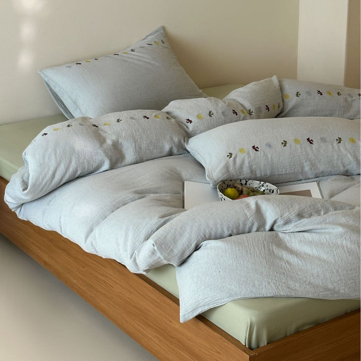 Washed Linen-Cotton Duvet Cover Ensemble with Hand-Embroidered Mini Floral Trim