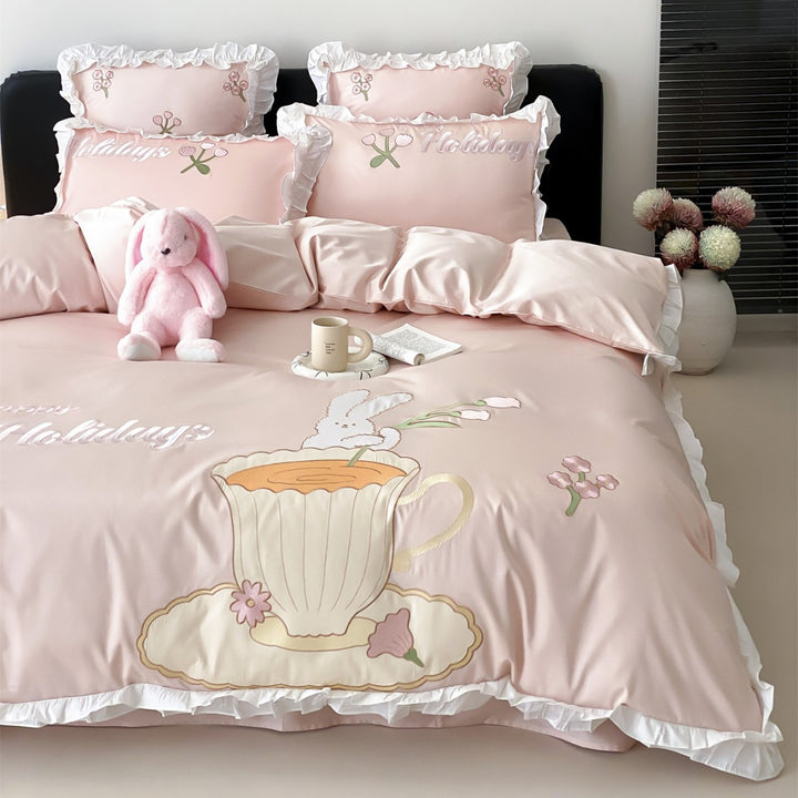 Ruffled Satin-Feel Duvet Cover Set with Embroidered Bunny and Teacup Motif