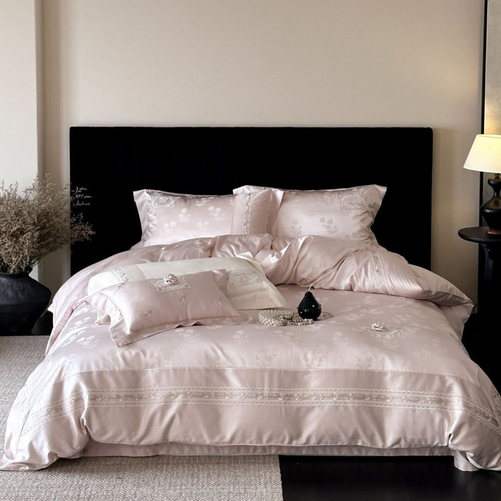 Luxury Satin Jacquard Duvet Cover and Pillowcase Set with Embroidered Border