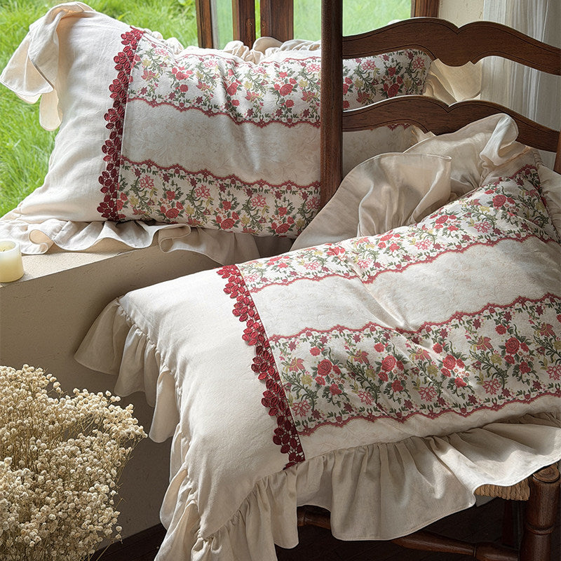 Floral-Striped Ruffled Cotton-Linen Duvet Cover Set with Crochet Lace Trim