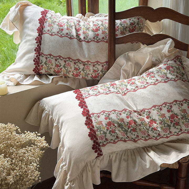 Floral-Striped Ruffled Cotton-Linen Duvet Cover Set with Crochet Lace Trim