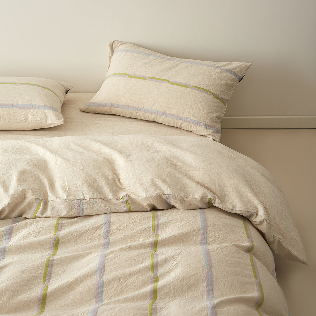 Stonewashed Cotton Linen-Blend Duvet Cover Set with Pastel Stripe Detail