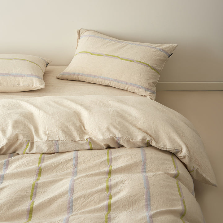 Stonewashed Cotton Linen-Blend Duvet Cover Set with Pastel Stripe Detail