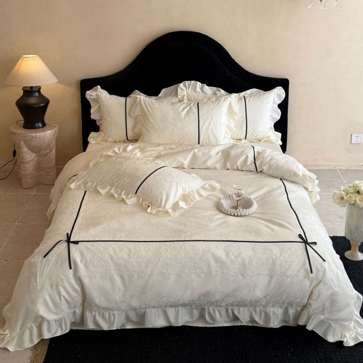 French-Style Jacquard Damask Duvet Cover Ensemble with Ruffle Hem & Lace Appliqué