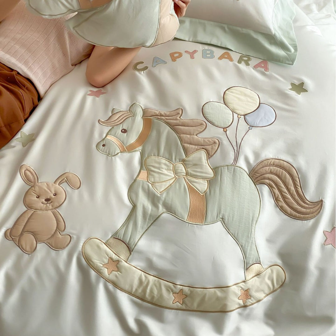 Children's Embroidered Cotton Sateen Duvet Cover Set with Rocking Pony Motif