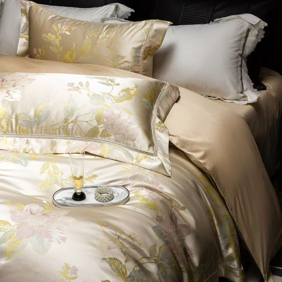 Luxury Satin Jacquard Floral Duvet Cover Set with Decorative Piped Pillow Shams