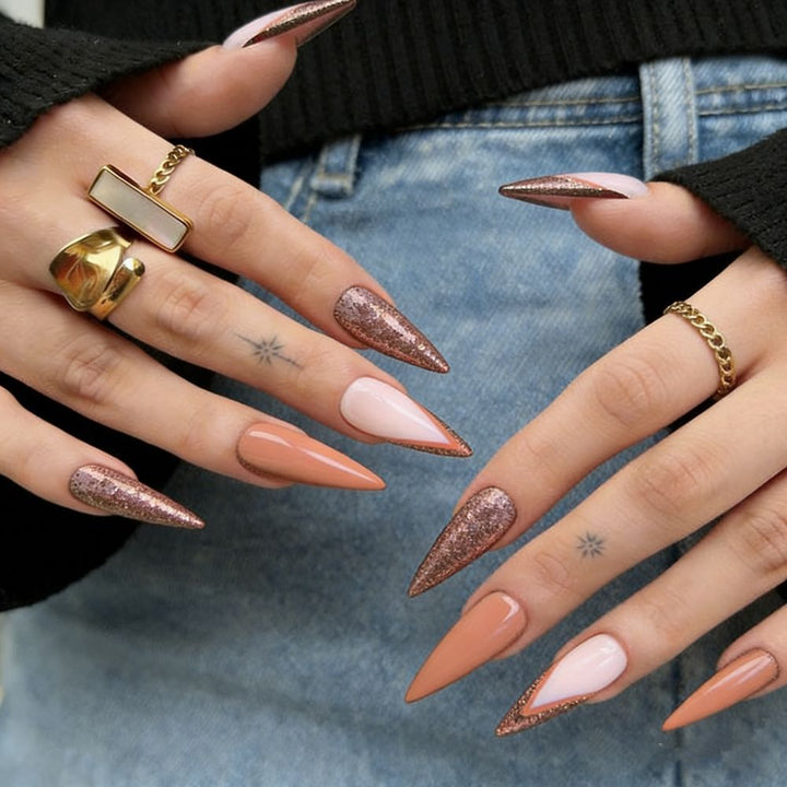 Stiletto-Shaped Press-On Nail Set with Glitter Accents