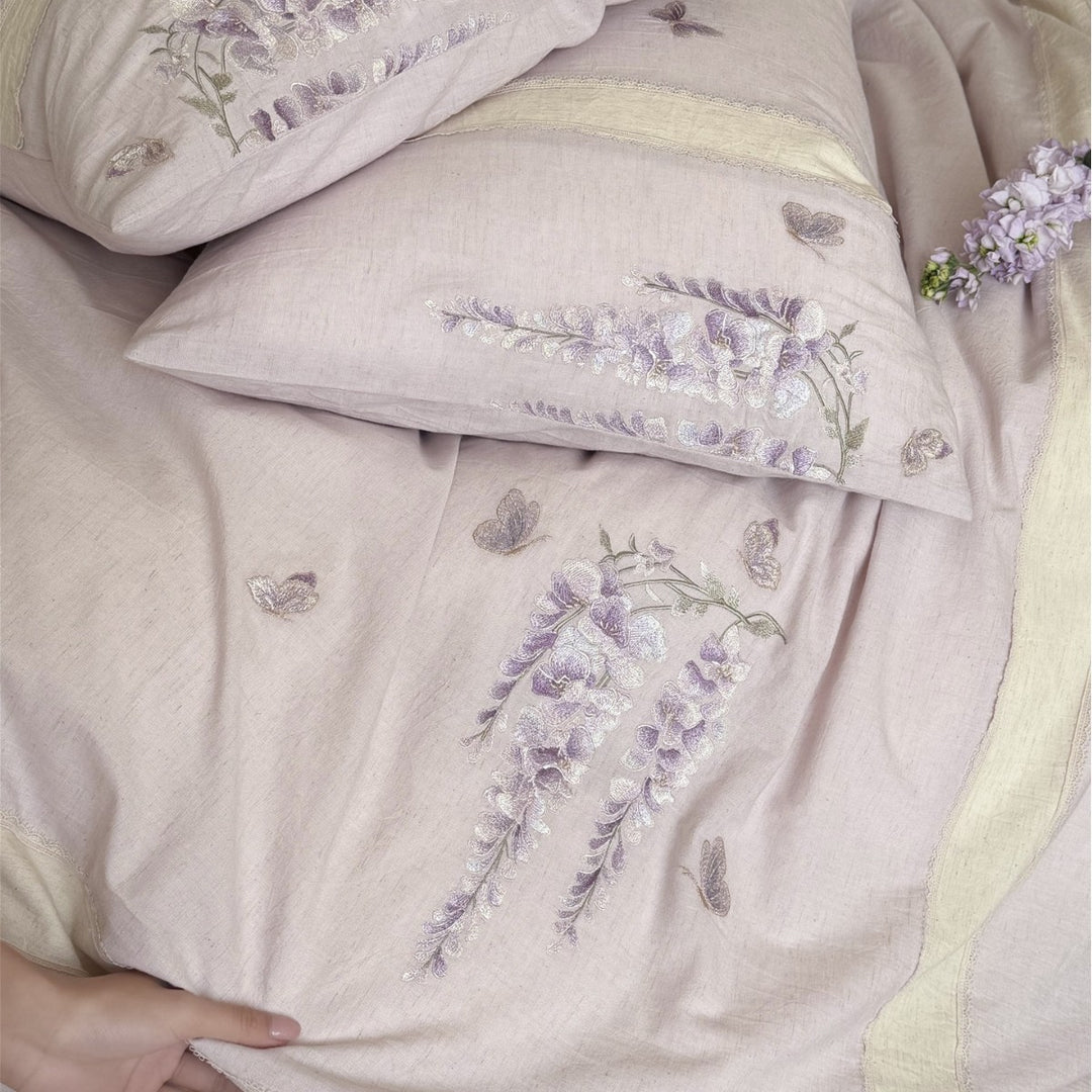 Linen-Blend Embroidered Wisteria Duvet Cover and Sham Set
