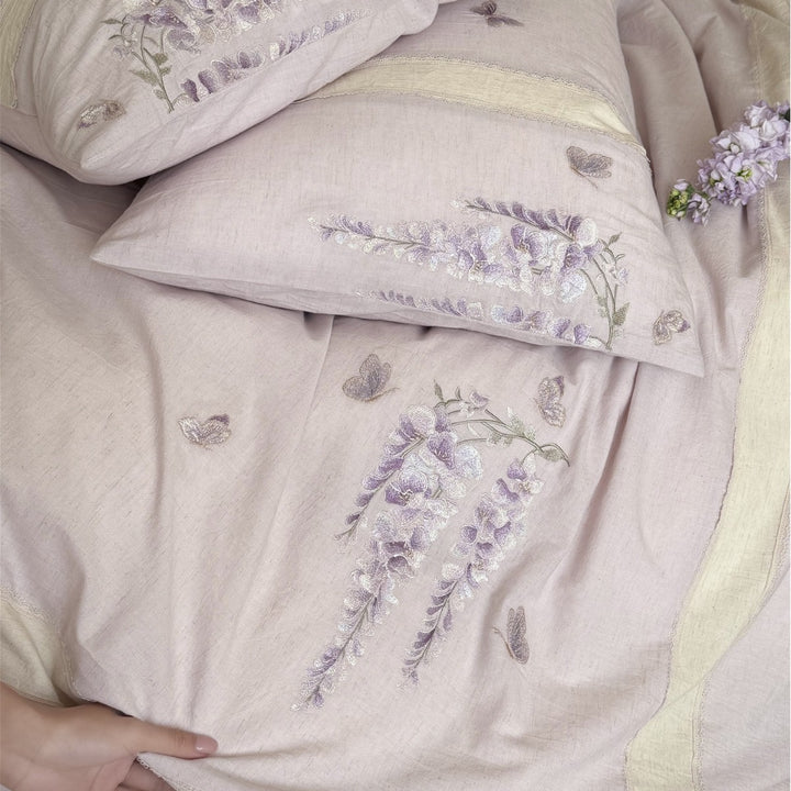 Linen-Blend Embroidered Wisteria Duvet Cover and Sham Set