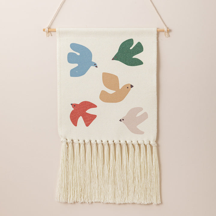 woven wall hanging with fringes and rabbit motif Stornfield