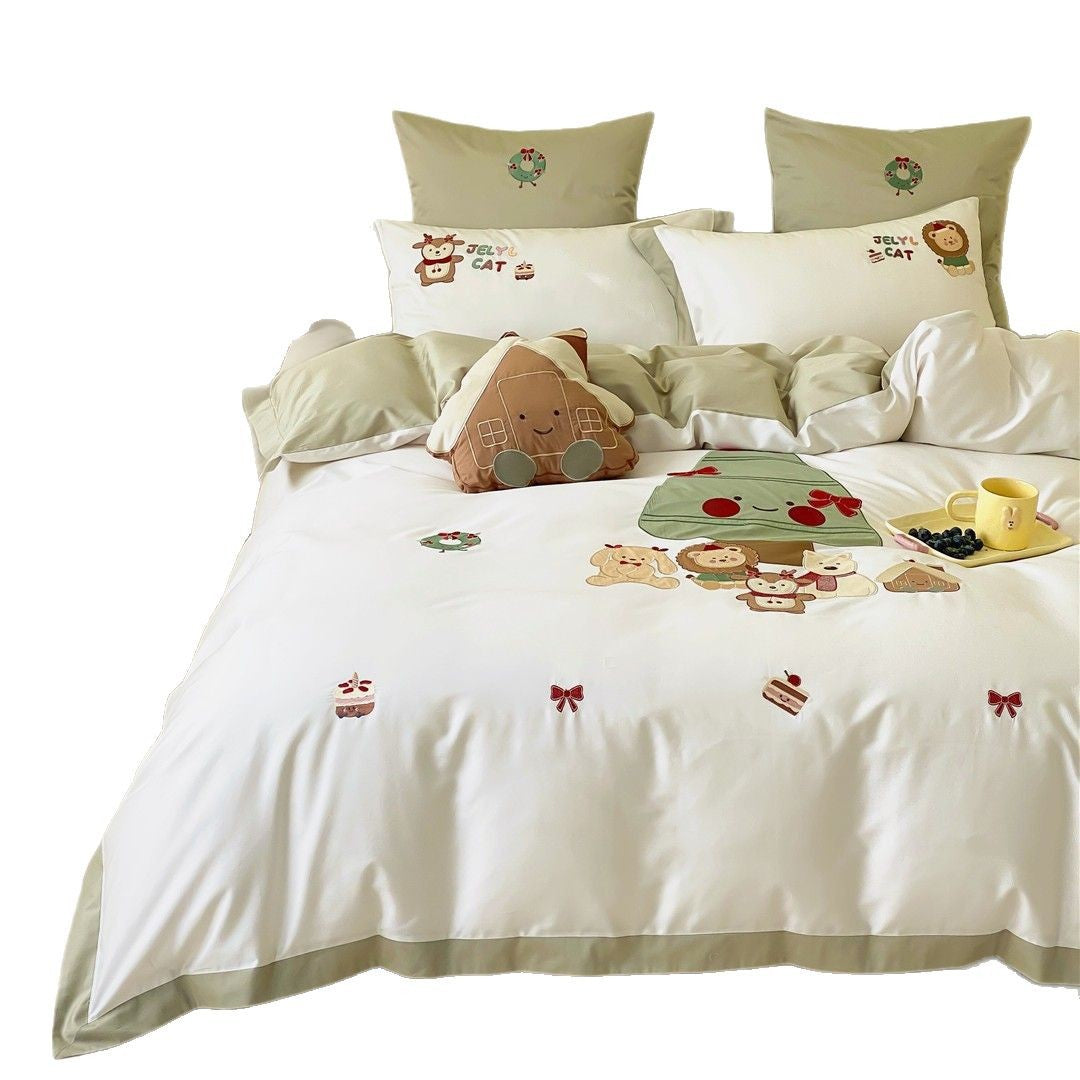 Cartoon Embroidered Kids Duvet Cover Bedding Set with Olive-Edge Pillow Shams