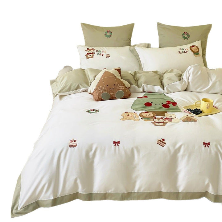 Cartoon Embroidered Kids Duvet Cover Bedding Set with Olive-Edge Pillow Shams