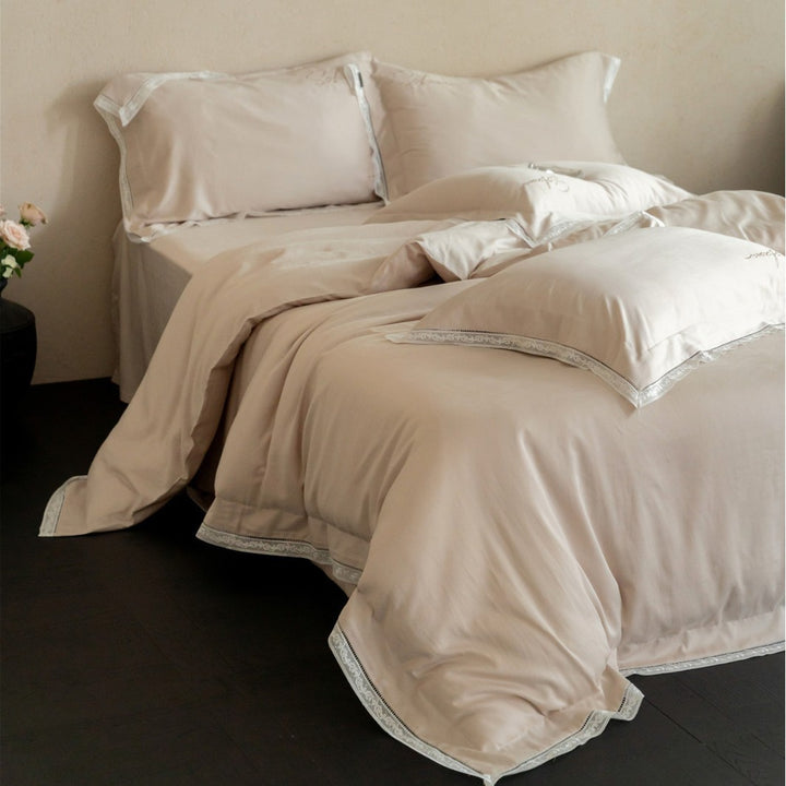 Luxury Cotton Sateen Duvet Cover Set with Embroidered Lace Hem