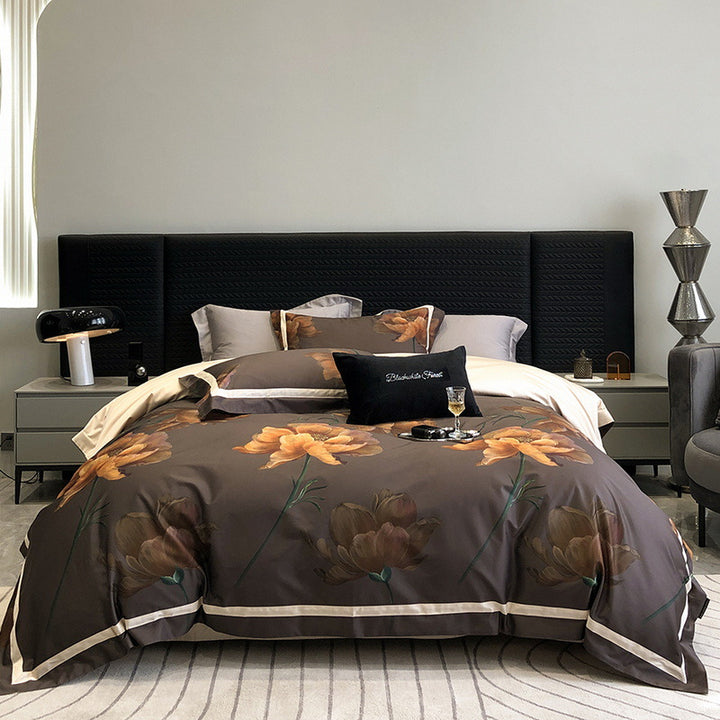 Satin bedding set with watercolor rose design, hotel closure and contrast piping