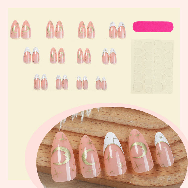 Artistic Press-On Nail Set with Geometric Moon and Star Designs Stornfield