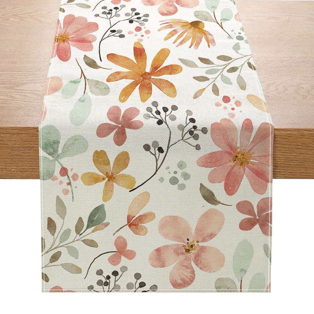 Linen-Blend Watercolor Floral Botanical Table Runner with Stain-Resistant Finish and Hemmed Edges