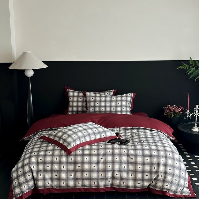 Plaid Brushed Cotton Duvet Cover Set with Contrast Border & Envelope Shams