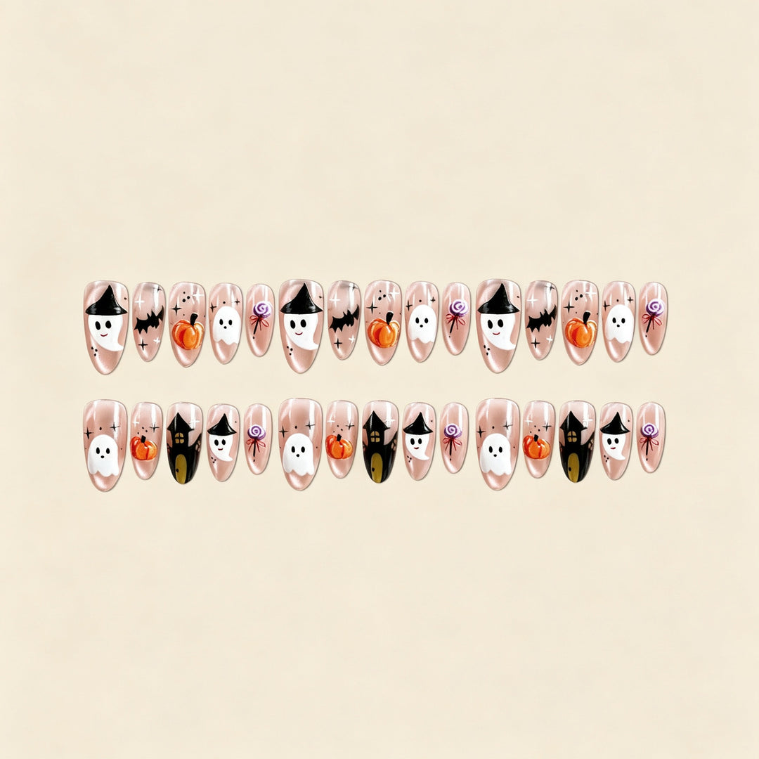 Artificial nail set with cheerful Halloween motif and artistic designs Stornfield