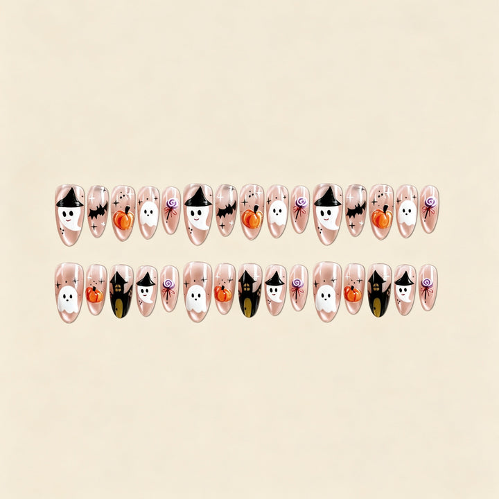 Artificial nail set with cheerful Halloween motif and artistic designs Stornfield
