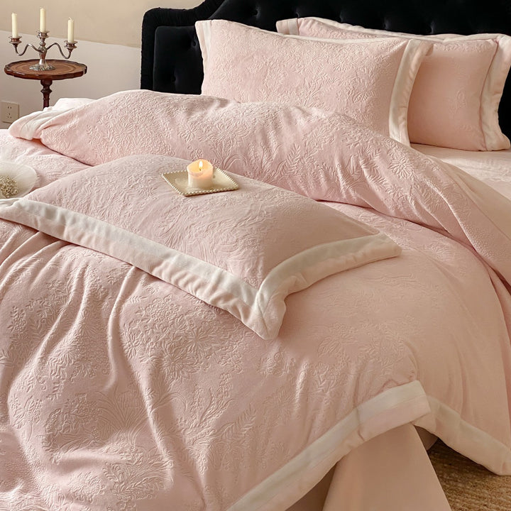 Embroidered Jacquard Floral Duvet Cover Set with Velvet Piped Edge and Pearl Appliqué