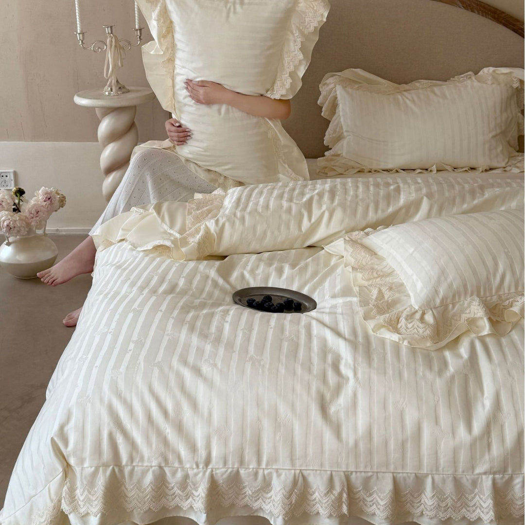 Ruffled Lace-Trim Cotton Sateen Striped Duvet Cover Set
