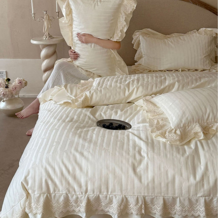 Ruffled Lace-Trim Cotton Sateen Striped Duvet Cover Set