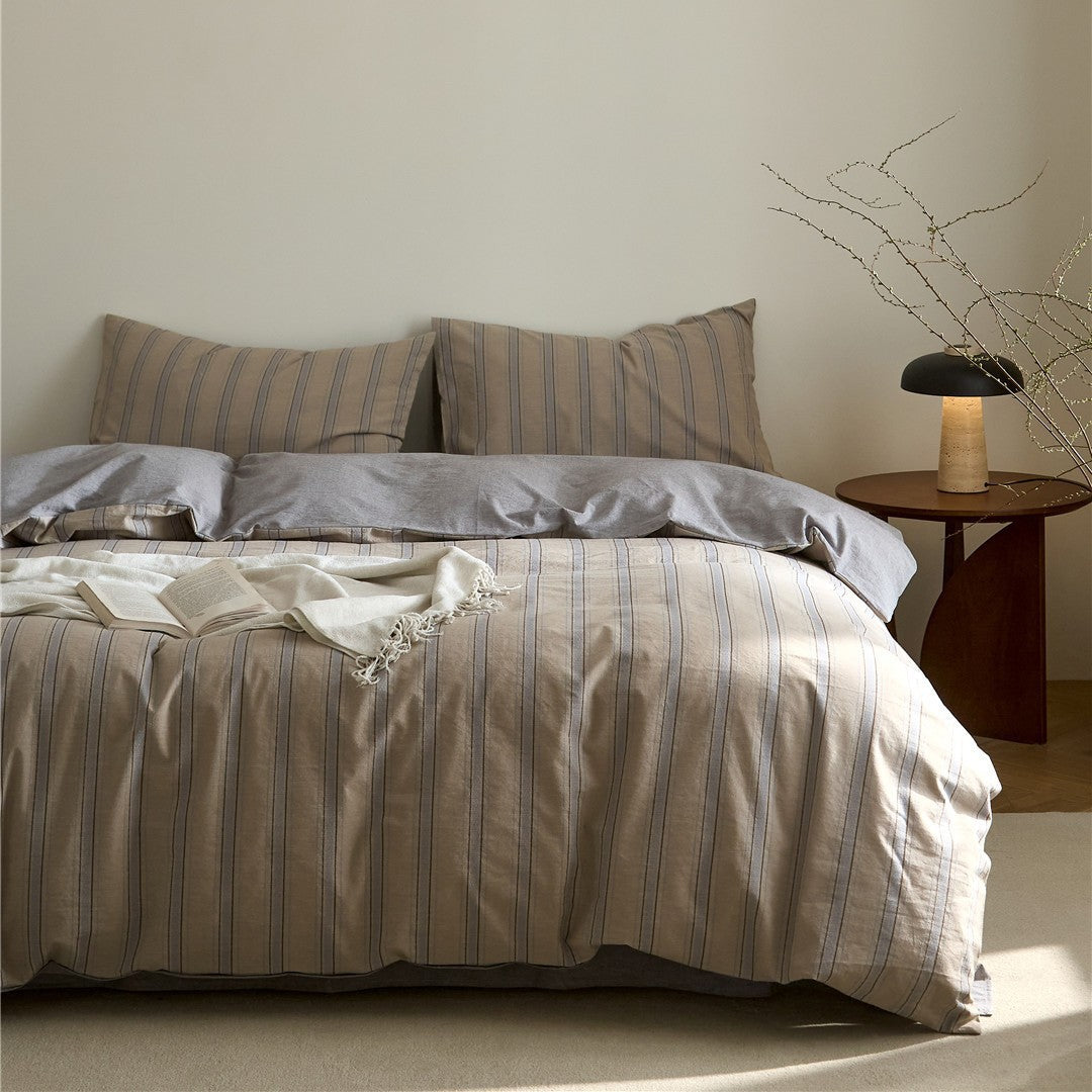 Reversible Striped Cotton-Linen Duvet Cover Set with Soft Brushed Backing
