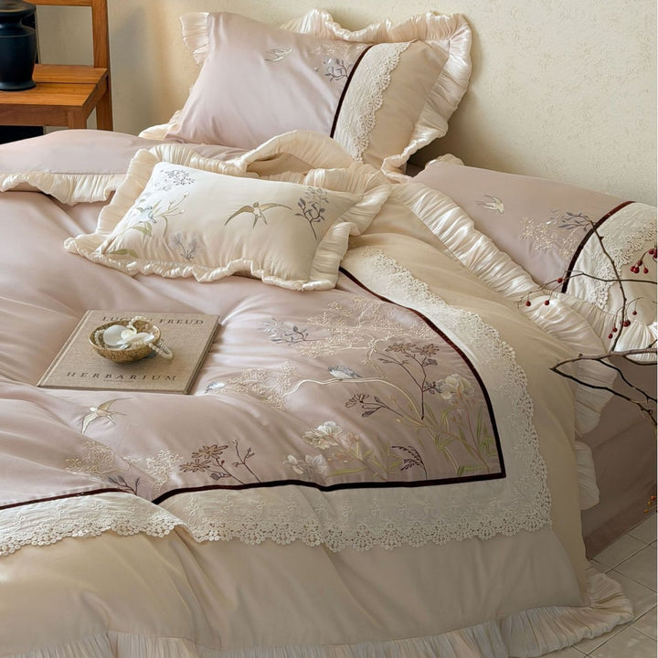 Premium cotton satin duvet cover set with pleated ruffle and delicate bird and flower embroidery