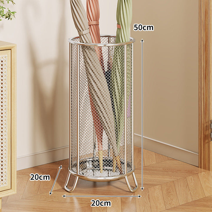 Cylindrical Perforated Metal Umbrella Stand with Raised Legs and Ventilated Mesh Body