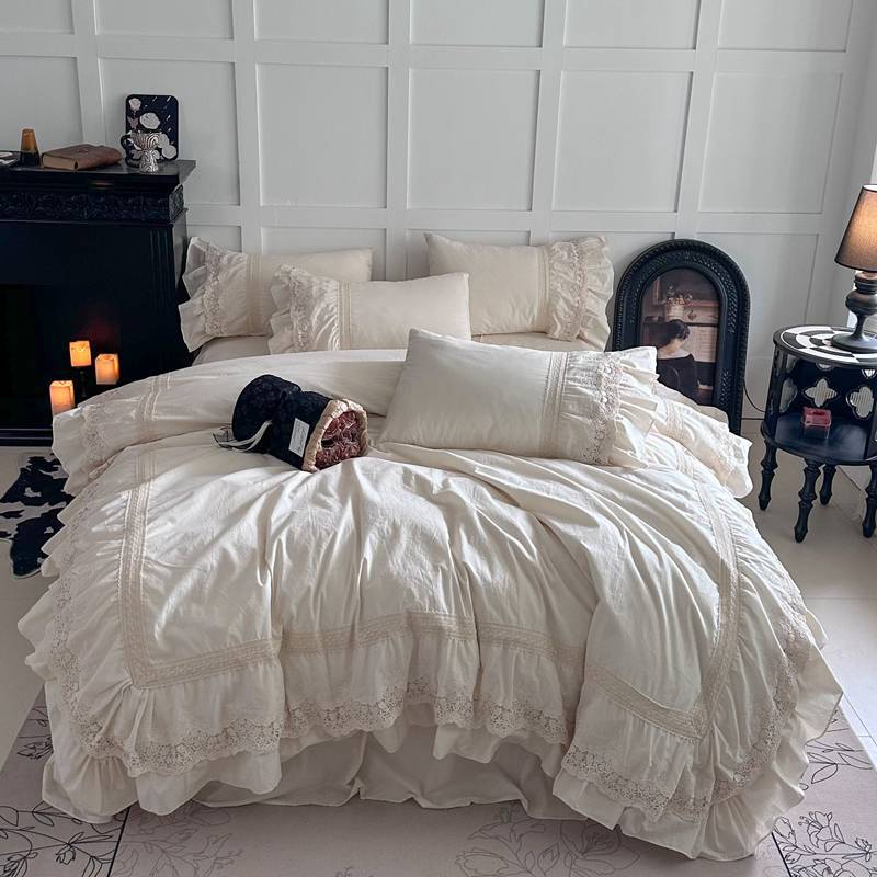 Vintage Lace Ruffled Cotton Duvet Cover Bedding Set