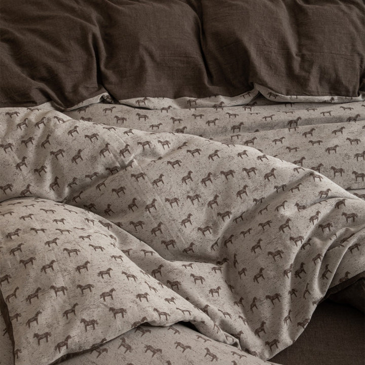 Printed Linen-Blend Reversible Duvet Cover Set with Horse Motif
