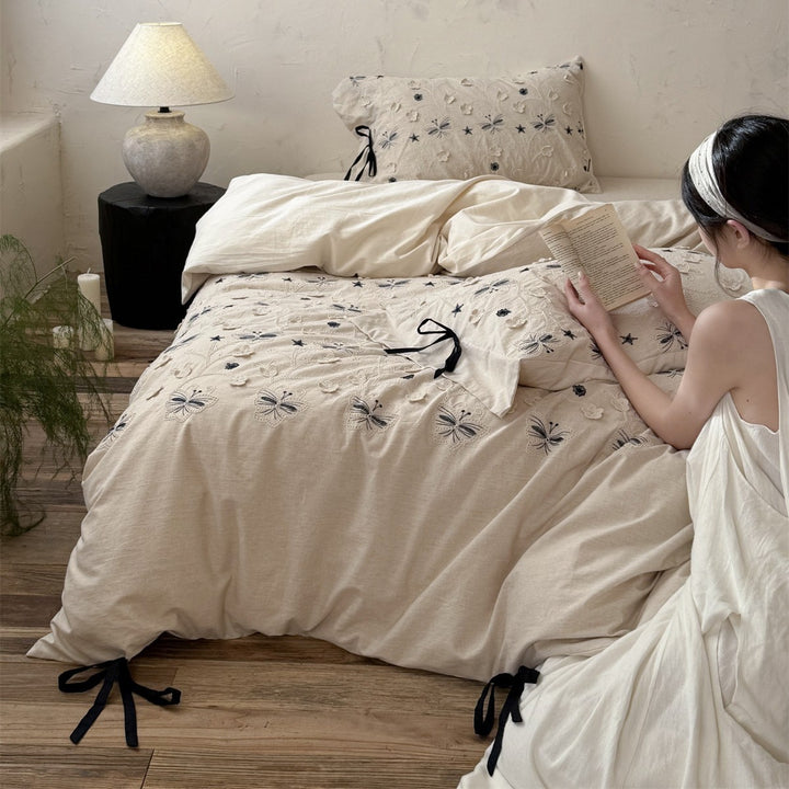 Embroidered Linen-Blend Duvet Cover Set with Butterfly Applique and Corner Tie Closures