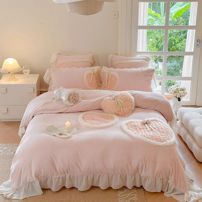 Romantic Heart Appliqué Ruffled Duvet Cover and Decorative Pillow Set