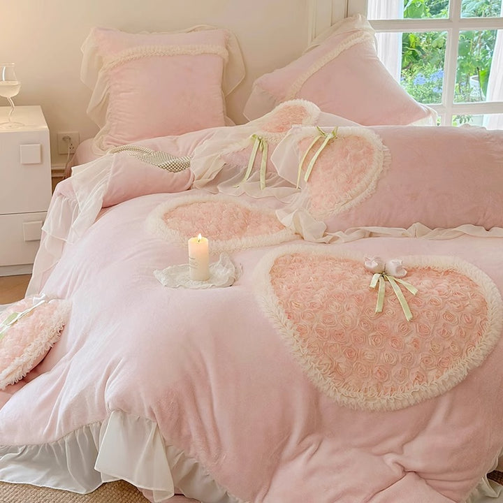 Romantic Heart Appliqué Ruffled Duvet Cover and Decorative Pillow Set