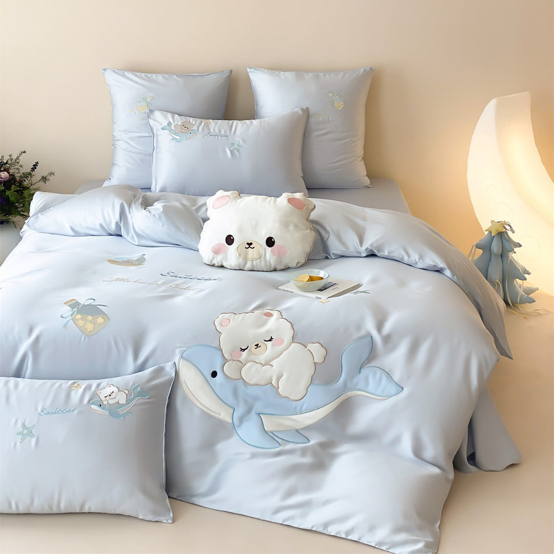 Kids Embroidered Cotton-Sateen Duvet Cover Set with Plush Bear Appliqué & Whale Motif