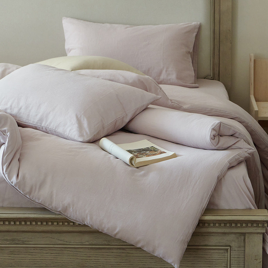 Light bed linen set made of washed linen-cotton blend with a natural texture