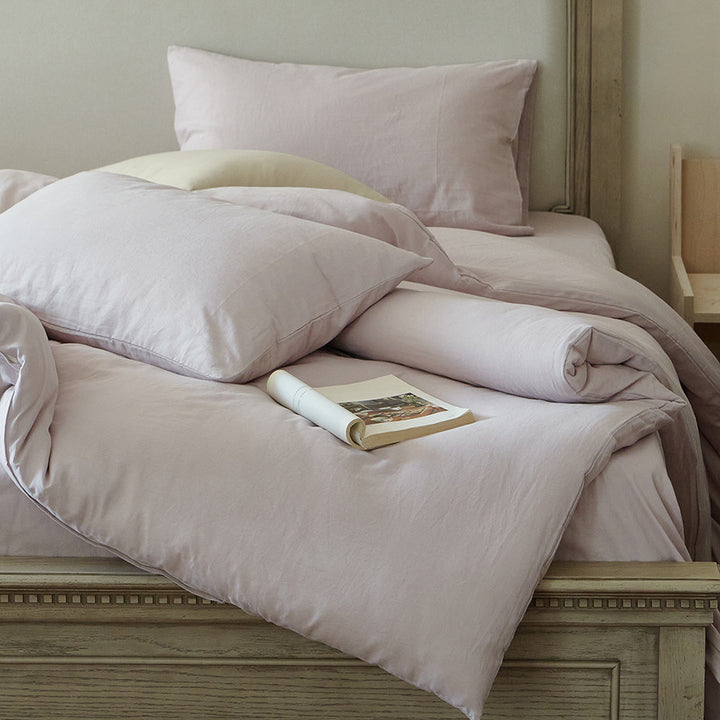 Light bed linen set made of washed linen-cotton blend with a natural texture
