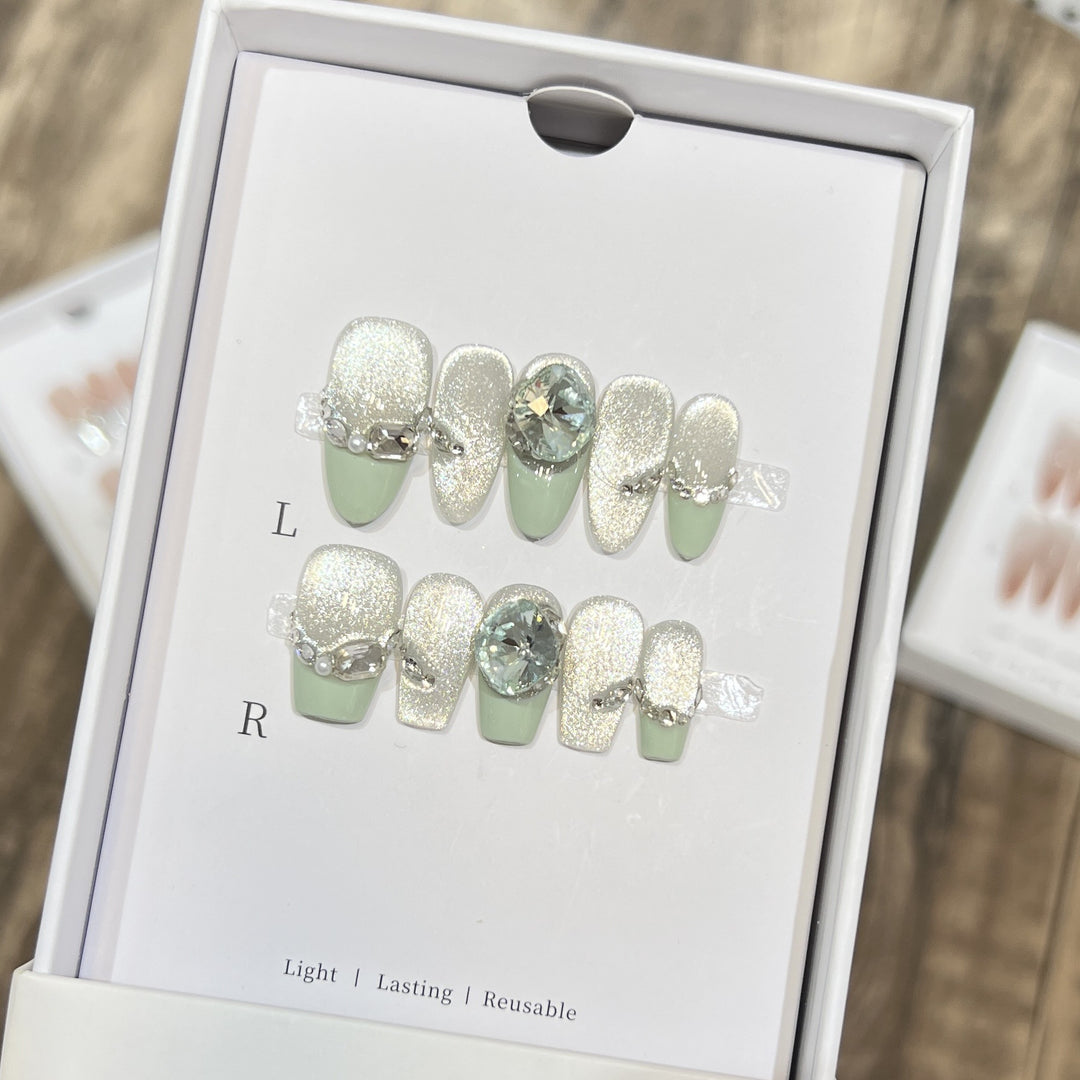 Glamorous Reusable Press-On Nail Set with Gemstone Accents Stornfield