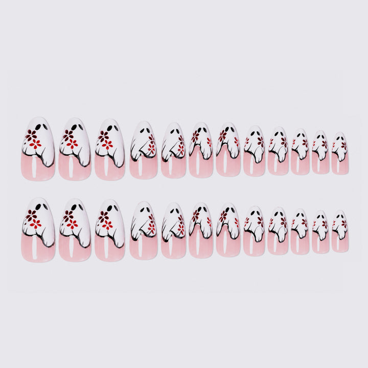 Artistic Press-On Nail Set with Floral and Ghost Design Stornfield