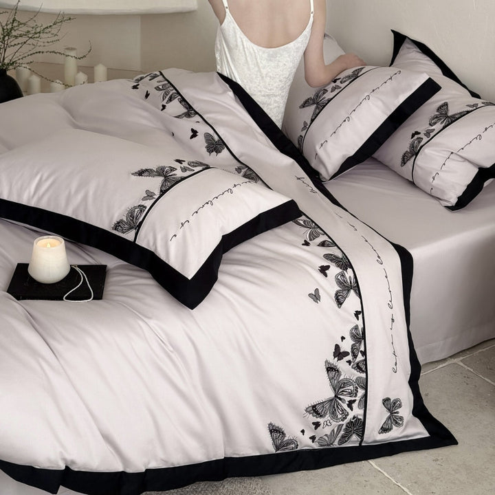 Botanical Butterfly Embroidered Cotton-Sateen Reversible Duvet Cover Set with Contrast Piped Border and Euro Shams
