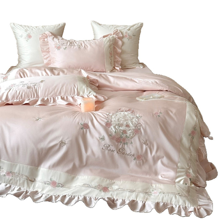 Rose-Embroidered Satin-Blend Ruffled Duvet Cover Set with Lace-Inset Border & Matching Shams