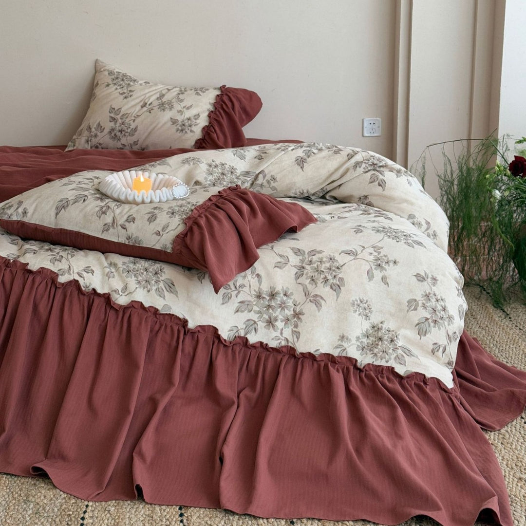 Reversible Floral Cotton-Linen Ruffled Duvet Cover Set with Gathered Bedskirt and Pillow Shams