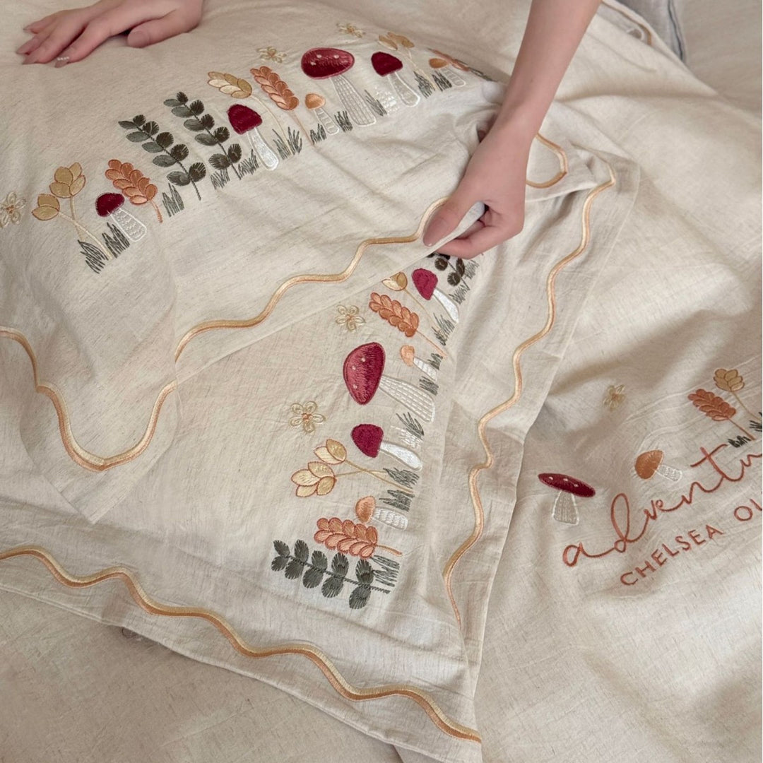 Embroidered Botanical Cotton Duvet Cover Set with Scalloped Ruffle & Pillow Shams