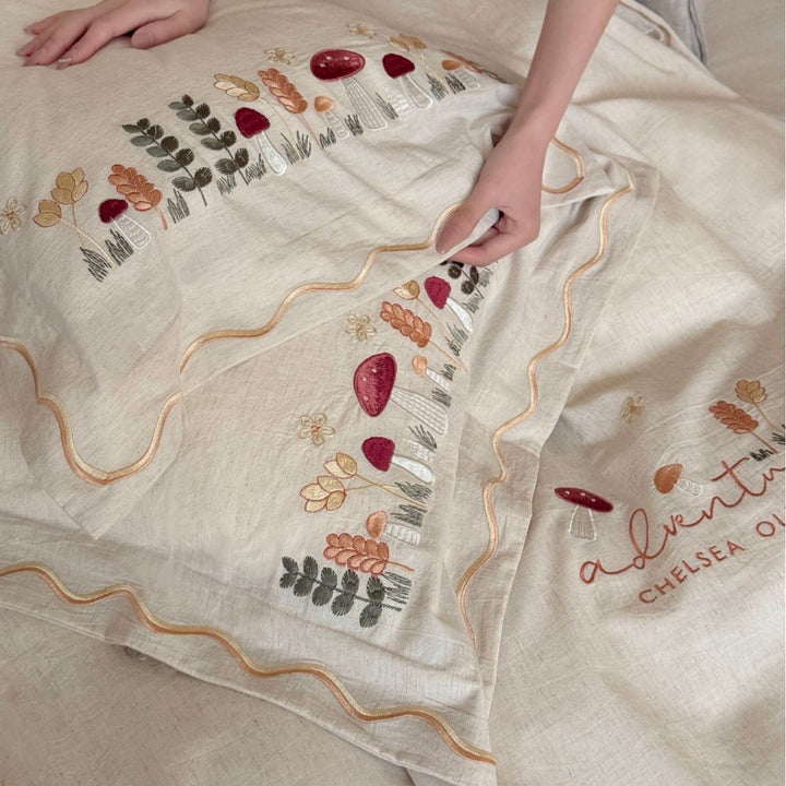 Embroidered Botanical Cotton Duvet Cover Set with Scalloped Ruffle & Pillow Shams
