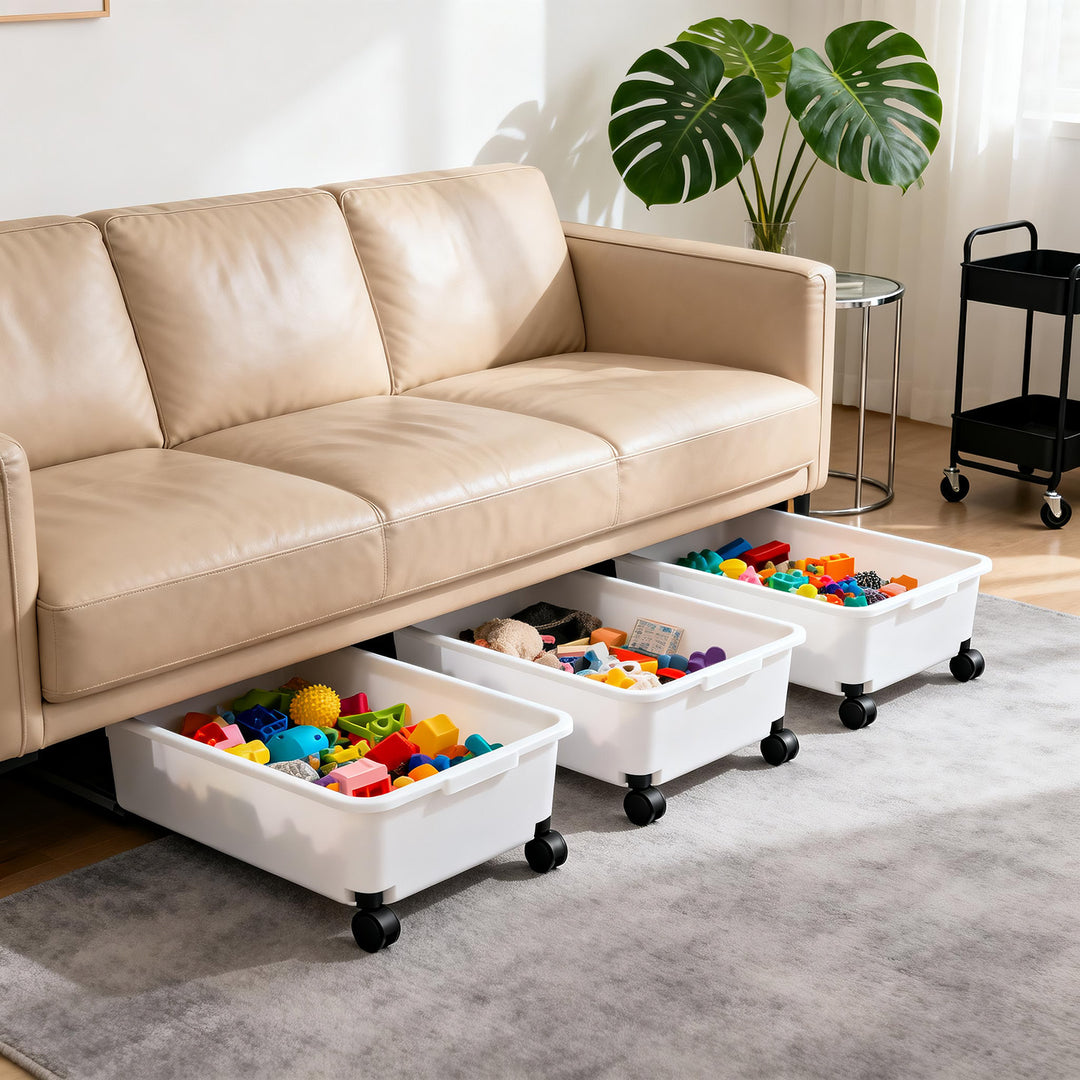 Low-Profile Wheeled Under-Desk Storage Bin with Cutout Handles
